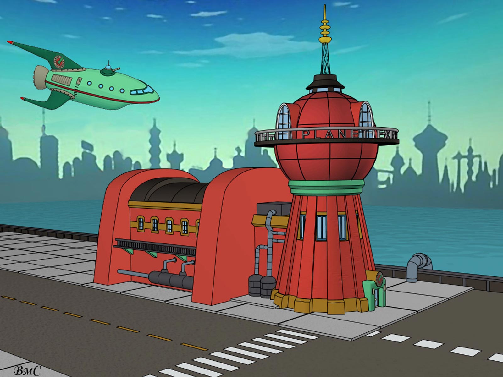Здание и корабль "Межпланетного экспресса". 