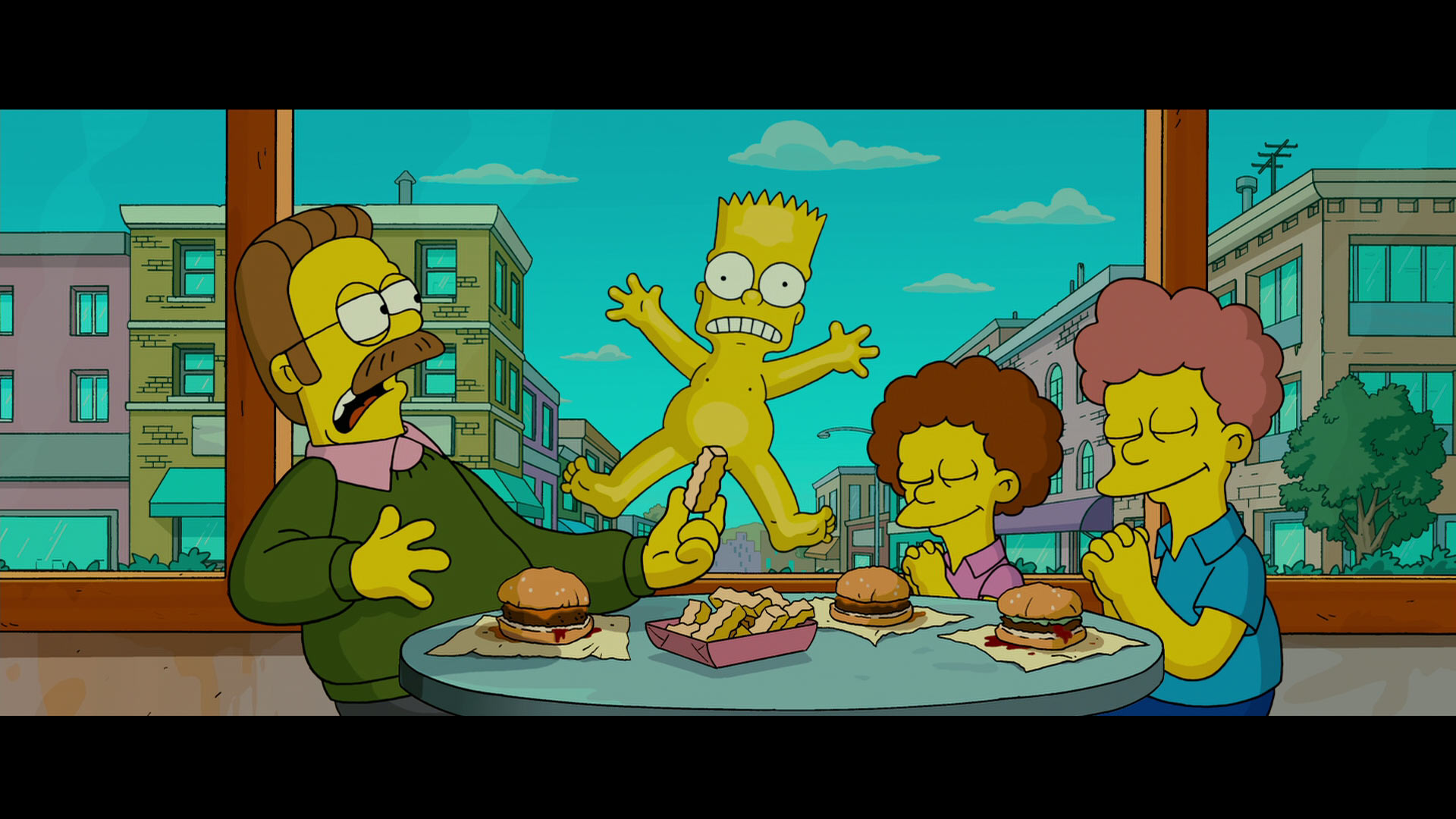 Внезапно голый Барт за обедом Фландерсов.Открыть.